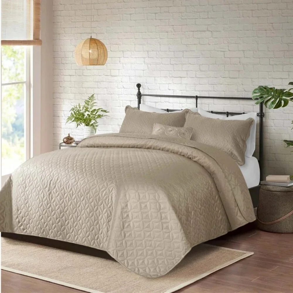 Elegant Taupe Quilted Lightweight Bedspread 3pc Set King